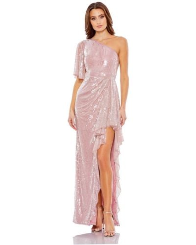 Mac Duggal Sequined Flutter Sleeve One Shoulder Draped Gown - Pink