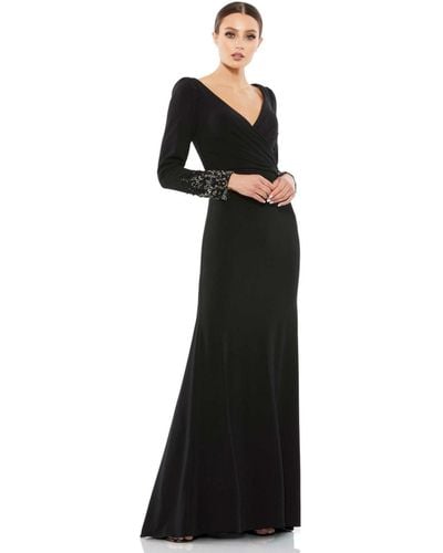 Mac Duggal Beaded Cuff Long Sleeve Wrap Over Trumpet Gown - Black