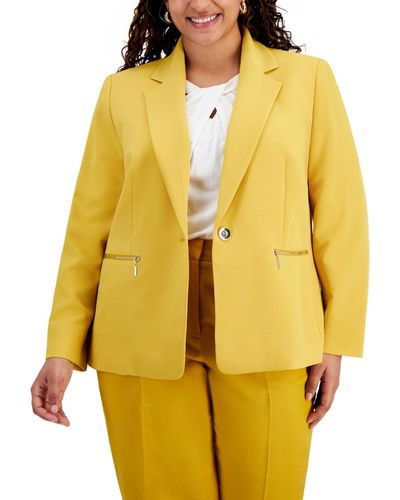 Kasper Plus Size One-button Zip-pocket Blazer - Yellow