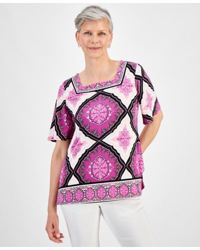 Macy's Jm Collection Printed Square Neck Short Sleeve Top - Pink
