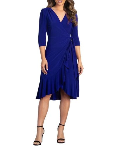 Kiyonna Whimsy Ruffled Knee Length Wrap Dress - Blue