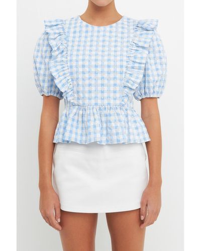 English Factory Embroidered Gingham Checked Ruffle Top - Blue