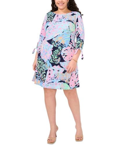 Msk Plus Size 3/4-sleeve Abstract-print Shift - Blue