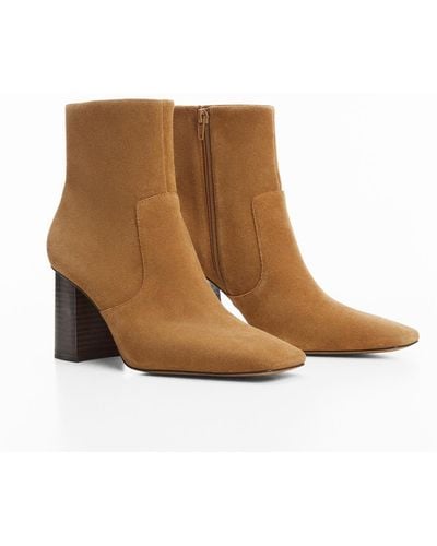 Mango Block Heeled Leather Ankle Boots - Brown