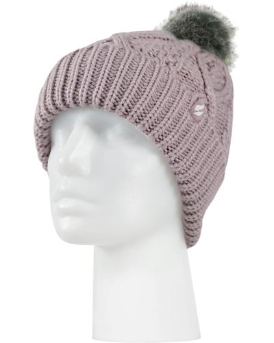 Heat Holders Brina Solid Cable Knit Roll Up Pom-pom Hat - Purple