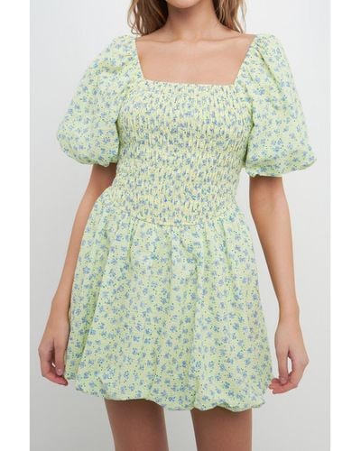 Free the Roses Floral Smocked Mini Balloon Dress - Green