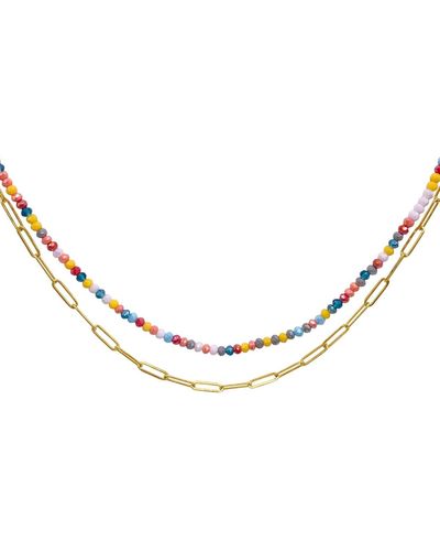 Adornia Multi Color Bead And Paper Clip Chain Double Necklace - Pink