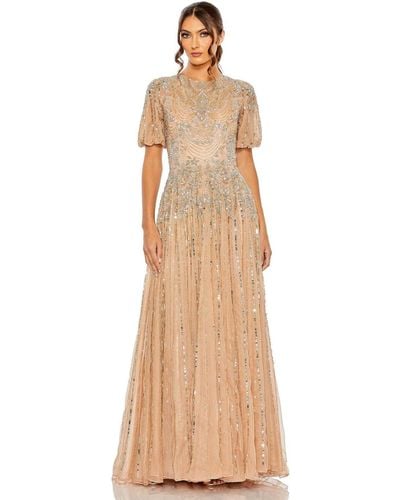 Mac Duggal High Neck Puff Sleeve Embellished A Line Gown - Natural