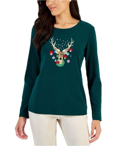 Karen Scott Cotton Holiday Deer Top, Created For Macy's - Green