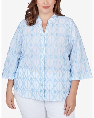 Ruby Rd. Plus Size Trellis Embroidered Cotton Button Front Top - Blue