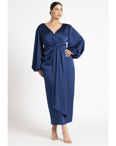 Eloquii Plus Size Satin Puff Sleeve Pleated Dress - Blue
