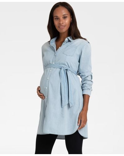 Seraphine Cotton Chambray Belted Maternity Tunic - Blue