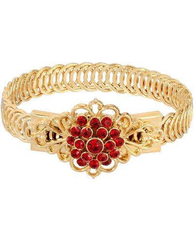 2028 14k Gold-tone Siam Flower Overlay Belt Bracelet - Red