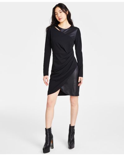 DKNY Mixed-media Cutout-neck Side-draped Dress - Black