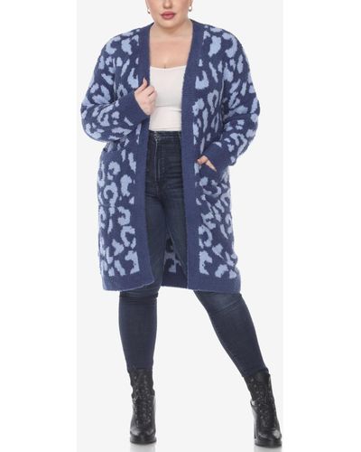 White Mark Plus Size Leopard Print Open Front Sherpa Sweater - Blue