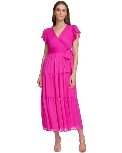 DKNY Faux-wrap Cap-sleeve Tiered Midi Dress - Pink
