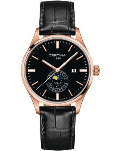 Certina Swiss Ds-8 Moon Phase Leather Strap Watch 41mm - Black