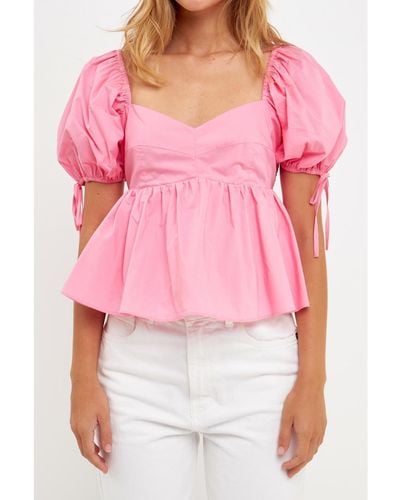 English Factory Tied Strap Puff Sleeve Woven Top - Pink