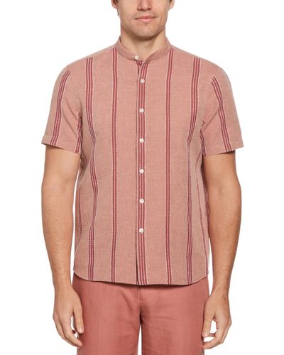 Perry Ellis Band-collar Striped Short Sleeve Button-front Shirt - Pink