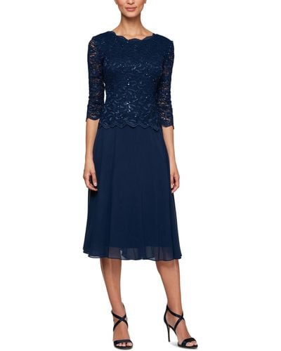 Alex Evenings Sequined Lace Contrast Dress - Blue