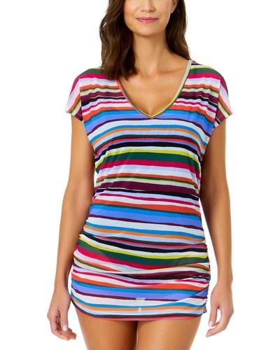 Anne Cole Striped-mesh V-neck Cover-up Tee - Blue