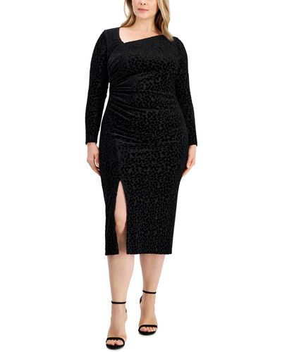 Anne Klein Plus Size Asymmetrical-neck Ruched Animal Print Velvet Midi Dress - Black