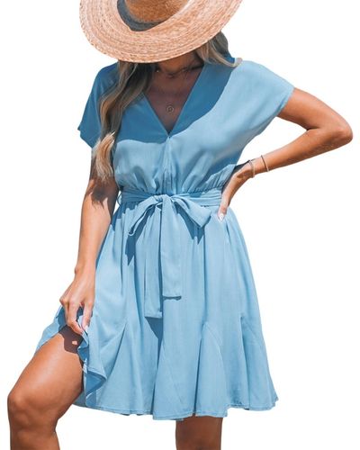 CUPSHE Soft Blue Short Sleeve Surplice Mini Beach Dress