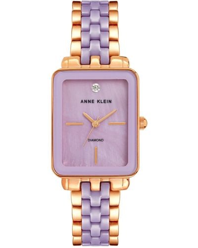 Anne Klein Three Hand Quartz Rose Gold-tone Alloy And Lavender Ceramic Link Bracelet Watch - Purple