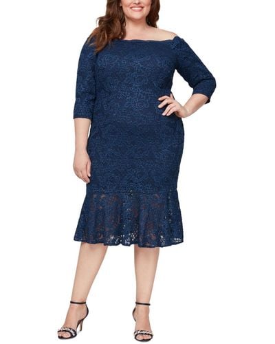 Alex Evenings Plus Size Glitter Lace Off-the-shoulder Dress - Blue