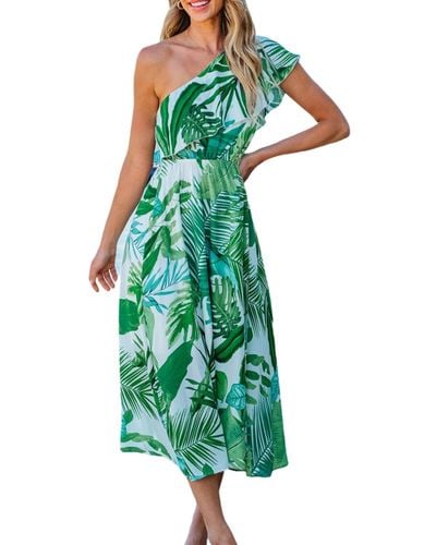 CUPSHE Tropical One-shoulder Ruffle Maxi Beach Dress - Green