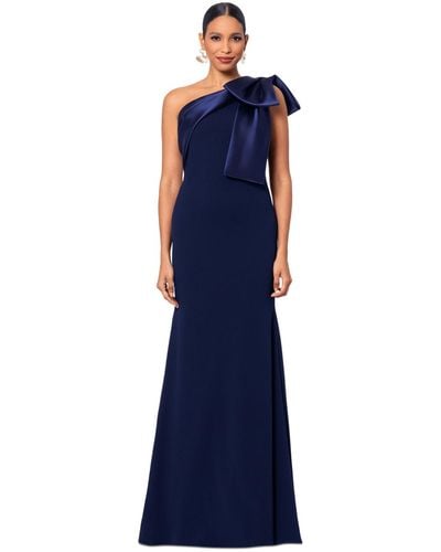 Betsy & Adam Bow-trimmed One-shoulder Gown - Blue