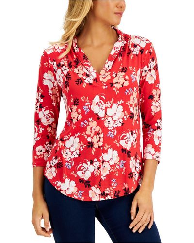 Charter Club Petite Floral-print Top, Created For Macy's - Red