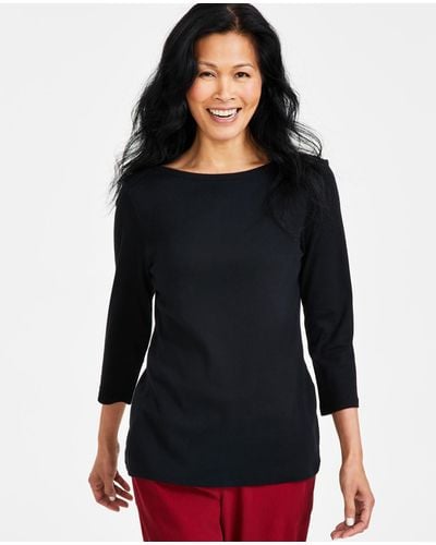Style & Co. Pima Cotton 3/4-sleeve Boat-neck Top - Black