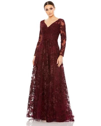 Mac Duggal Embellished Illusion Long Sleeve V Neck Gown - Red