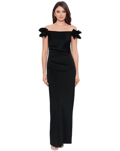 Xscape Petite Ruffled Ruched Off-the-shoulder Gown - Black