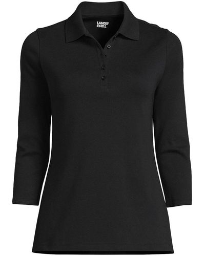 Lands' End Petite 3/4 Sleeve Cotton Interlock Polo Shirt - Black