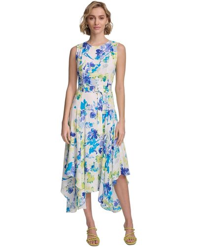 Calvin Klein Sleeveless Floral Handkerchief Hem Dress - Blue