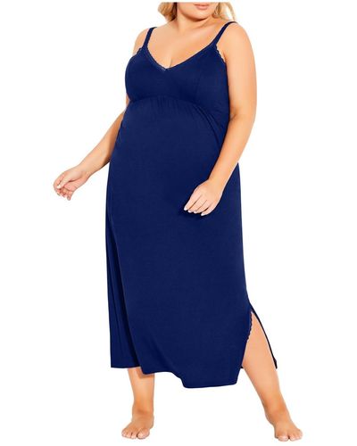 Avenue Plus Size Lace Trim Plain Sleep Maxi Dress - Blue