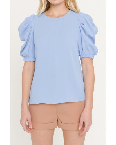 English Factory Pleated Puff Sleeve Top - Blue