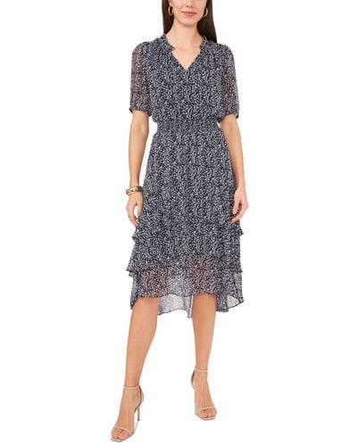 Vince Camuto Printed Puff Sleeve Tiered Midi Dress - Blue