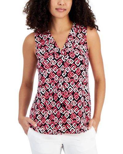 Anne Klein Geometric-print Pleat-front Shell Top - Red