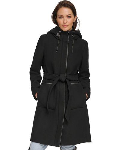DKNY Faux-fur Hooded Wool Blend Belted Coat - Black