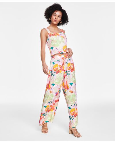 BarIII Floral-print Pull-on Wide-leg Pants - White
