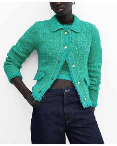 Mango Pocket Tweed Cardigan - Green