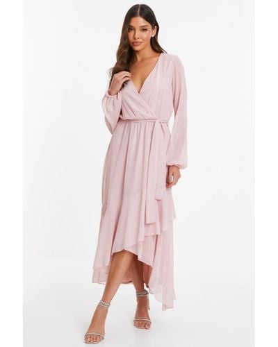 Quiz Metallic Chiffon Long Sleeve Wrap Maxi Dress - Pink