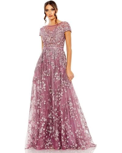 Mac Duggal Embellished Floral Cap Sleeve A Line Gown - Purple