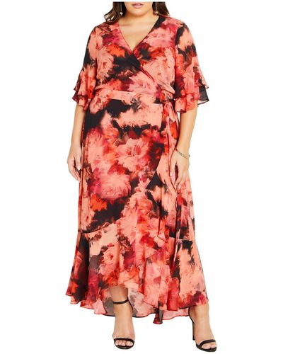 City Chic Plus Size Mischa Floral Wrap Ruffle Maxi Dress - Red