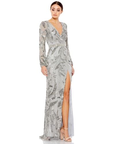 Mac Duggal Sequin Wrap Long Sleeve Gown - White