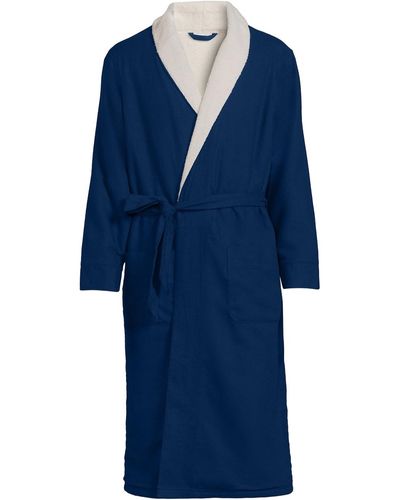 Lands' End High Pile Fleece Lined Flannel Robe - Blue
