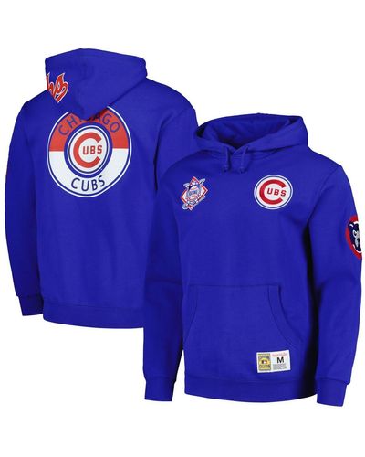 Men's Mitchell & Ness Royal Chicago Cubs Cooperstown Collection Washed Fleece Pullover Short Sleeve Hoodie Size: Large